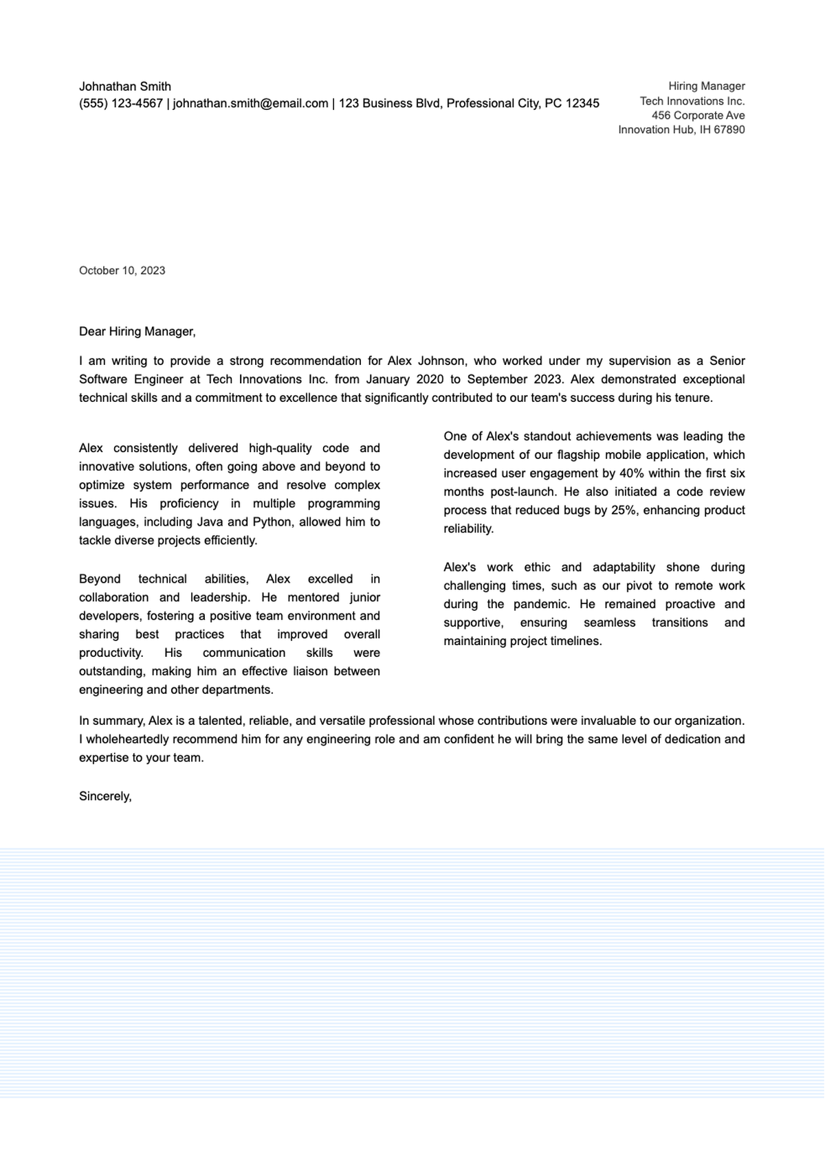 Professional recommendation letter template with blue geometric footer_variant_2